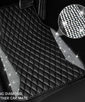 Premium Bling Diamond Leather Car Mats With Sparkly Rhinestone Edges Anti Slip Waterproof Universal Fit For Daily Drive Dope Ride Flex In Black Silver close-up of textured mat with rhinestones.