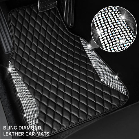 Premium Bling Diamond Leather Car Mats With Sparkly Rhinestone Edges Anti Slip Waterproof Universal Fit For Daily Drive Dope Ride Flex In Black Silver close-up of textured mat with rhinestones.