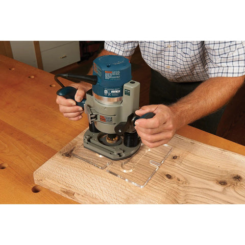 Rock Solid Dual Stitch Router Inlay Clear Block Thick Acrylic Jig Made For Plunge Routers Using 1/8 Bit Sizes To Nail Precision Woodworking Layouts And Fit Tight in use with a plunge router.