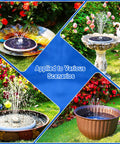 Solar Powered Bird Bath Fountain With Six Point Five Watt Solar Panel And 3000mAh Battery in various garden settings