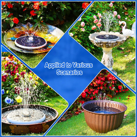 Solar Powered Bird Bath Fountain With Six Point Five Watt Solar Panel And 3000mAh Battery in various garden settings