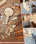 All In One Wood Carving Kit 15 Piece Set With PU Storage Bag includes knives, carving tools, and gloves for DIY woodworking.
