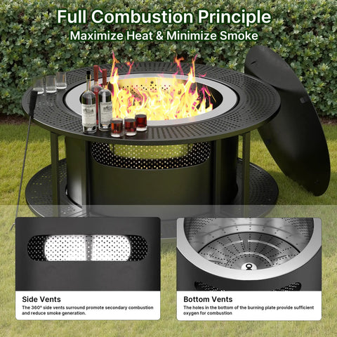 37 Inch Smokeless Fire Pit Tabletop for Outdoor Patio made of stainless steel, featuring a lit wood-burning fire with drinks on top.