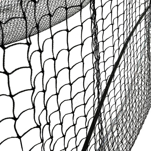 Close-up of Backyard Baseball And Softball Backstop Net 12 By 30 Foot Heavy Duty Nylon Mesh With Sturdy Straps for practice.
