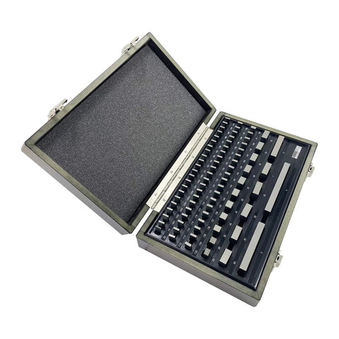 Open case with Gauge Block Set For Precision Calibration 81 Piece Economy Grade Gage Blocks Rectangular Blocks With Tight Tolerances Durable Pro Grade Workshop Ready Measuring Standards For Machinists Toolmakers And Shops arranged in foam tray