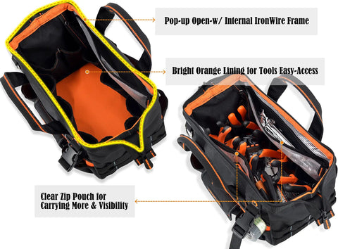 13-Inch Pro-Grade Tool Carrier For Electricians And HVAC Techs Compact 32-Pocket Organizer With Easy-Access Pop-Up Mouth And Orange Lining