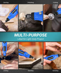 Collage showing Cordless Rotary Tool Kit With 5 Variable Speeds And 70 Accessories USB C Charging 3 7 Volt Battery in various uses.