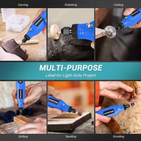 Collage showing Cordless Rotary Tool Kit With 5 Variable Speeds And 70 Accessories USB C Charging 3 7 Volt Battery in various uses.