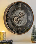 Killer Twenty Four Inch Oversized Wall Clock Featuring Real Moving Gears Heavily Distressed Antique Gold Dial Bold Roman Numerals.