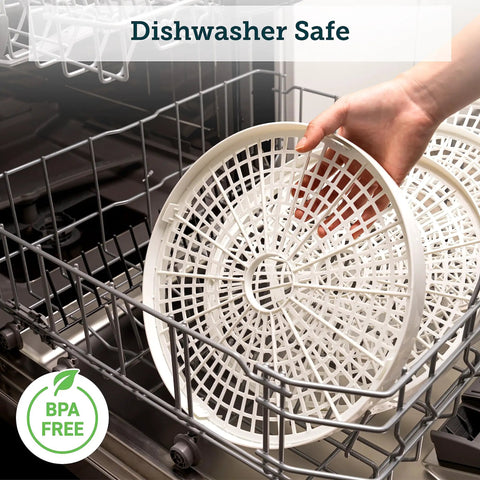 Compact Food Dehydrator With 5 Spacious Trays, Adjustable 95 To 165 Fahrenheit Temp, 48 Hour Timer in dishwasher safe for easy cleaning.