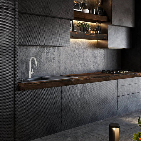 White Kitchen Faucet With Pull Down Magnetic Docking Sprayer, Modern Stainless Steel Deck Mount in a sleek, dark kitchen setting.