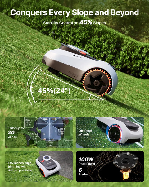 Navimow I215 LiDAR Robot Lawn Mower on 45% slope with auto mapping and off-road wheels, navigating grass.