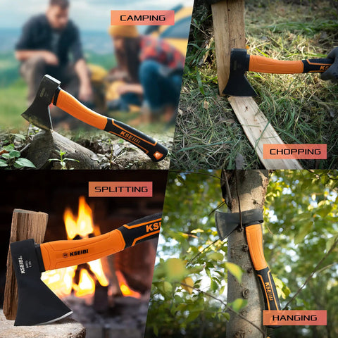 Compact Outdoor Camp Hatchet For Splitting And Kindling Wood With Forged Steel Blade shown in various outdoor uses.