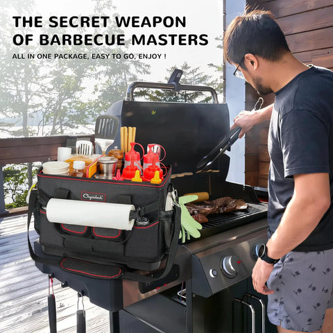 Person using Large Grill Caddy With Hard Bottom And Paper Towel Holder All In One Outdoor BBQ Utensil Organizer For Blackstone Griddle