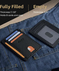 Ultra Slim Front Pocket Wallet For Men, RFID Blocking Credit Card Holder, showing filled and empty pocket thickness on jeans