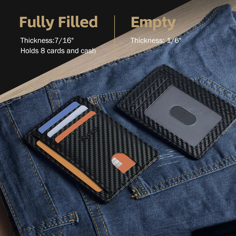 Ultra Slim Front Pocket Wallet For Men, RFID Blocking Credit Card Holder, showing filled and empty pocket thickness on jeans