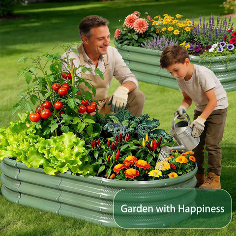 Two Pack Raised Garden Bed Kits 4x2x1 Ft Green Oval Galvanized Metal Planter Beds with vegetables and flowers being tended by man and child