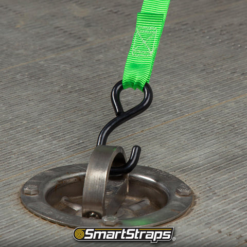 Green 6 Foot Padded Ratchet Straps 1 Inch Wide 2 Pack, 1500 Pound Break Strength hooked to truck anchor point.