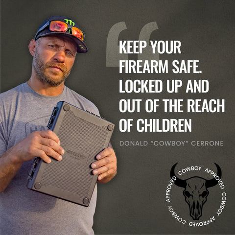 Person holding Compact Mechanical Handgun Lock Box For Instant Access Portable Safe Case with text emphasizing firearm safety.