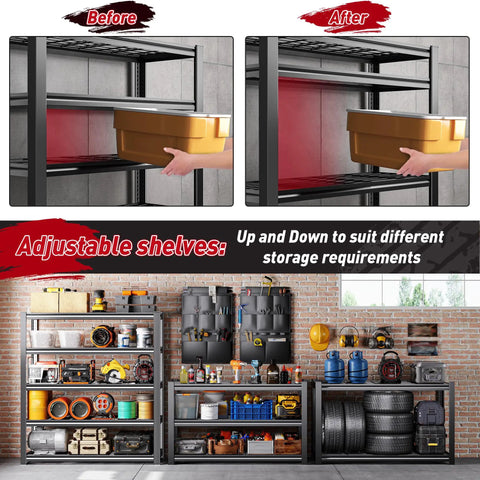 Heavy Duty Garage Shelving Unit 2500 Lbs Total Load, 5 Tier Metal Shelves With Tool Storage Bag, adjustable shelf height in garage
