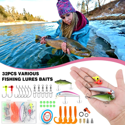 Woman holding fish near icy river with Pink Ladies Telescopic Fishing Pole And Reel Combo Kit For Women And Girls All In One Beginner Friendly Starter Fishing Kit