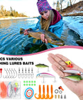 Woman fishing with Telescopic Fishing Rod And Reel Combo For Ladies, pink set for beginners, holding fish by river with lure assortment.