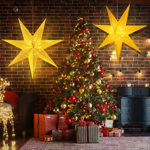 Two Pack 24 Inch Paper Star Lanterns With 50 LED Fairy String Lights Eight Modes Seven Pointed Hollow Star Hanging Decor