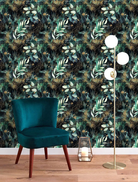 Peel And Stick Boho Forest Wallpaper Removable Mural In Black Green And Matte Gold Vinyl Self Adhesive For Bedroom Easy Install No Mess Renters Friendly 17.7 Inch By 9.8 Feet applied in living room with chair and lamp