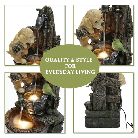 Totally Cute Puppy Dog Outdoor Water Fountain With LED Lights Resin Farmhouse Style Waterfall Fountain 25 Inch Tall