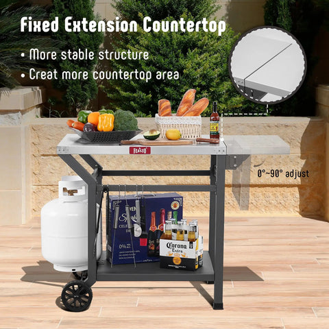 Movable Grill Table With Folding Side Table And Pizza Oven Prep Cart For Outdoor And Indoor Use, Stainless Steel 43 Inch Tabletop With Undershelf, Six Utensil Hooks, Gas Cylinder Hook, Easy Foldable Extension, Grey, front view with food items and gas cylinder.