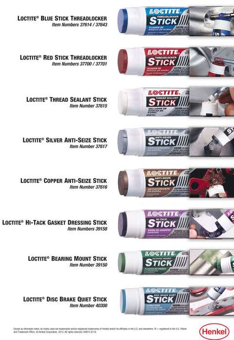 Assortment of Loctite adhesive sticks including High Temperature Bearing Mount Stick 9 g Red Workhorse Bonding for metal assemblies.