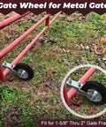 Heavy Duty Gate Wheels For Metal Swing And Sliding Fences Built To Crush A Massive Five Hundred Pound Weight Limit So Your Backyard Or Ranch Gate Rolls Smooth With Zero Sweat Includes Two Tough Support Casters on metal gate frame.