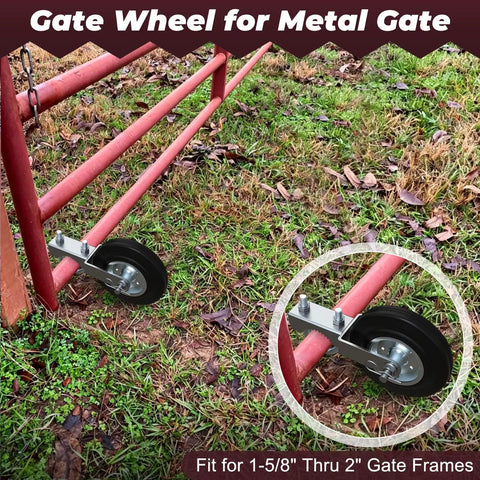 Heavy Duty Gate Wheels For Metal Swing And Sliding Fences Built To Crush A Massive Five Hundred Pound Weight Limit So Your Backyard Or Ranch Gate Rolls Smooth With Zero Sweat Includes Two Tough Support Casters on metal gate frame.