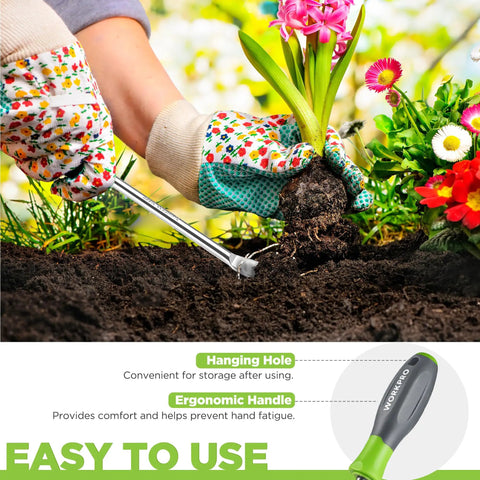 11.5 Inch Dandelion Weeder Puller Tool with Soft Grip Handle in use for easy root removal in garden beds