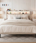 Queen Size Upholstered Bed Frame With Built In Charging Headboard And Hidden Storage Shelves Beige Platform Base featuring charging ports on headboard.