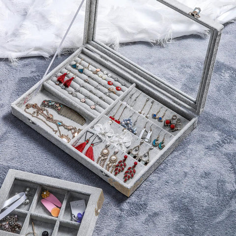 Open jewelry box showcasing earrings, necklaces and rings with "Brass Corner Protectors For Jewelry Boxes And Woodworking Projects Antique Style Box Corner Guards Built Tough With Lightweight Golden Finish Safe Delicate Look Perfect For Furniture Corners And Crafting" on a soft gray background.