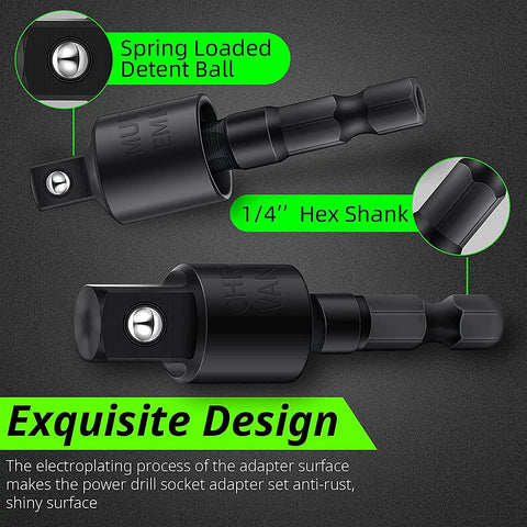 Beefed Up Workhorse 4 Piece Power Drill Socket Adapter Set With 360 Degree Rotating Sockets And 105 Degree Right Angle Driver, 1 Quarter Inch, 3 Eighth Inch, 1 Half Inch, Detent Ball Retention, Chrome Vanadium Steel, Black