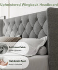 Upholstered Wingback Headboard of Super Solid Queen Bed Frame With Upholstered Wingback Headboard And Heavy Duty Wooden Slats Support, Noise Free Platform Bed With No Sweat Setup And Darn Good Build Quality, Light Gray.