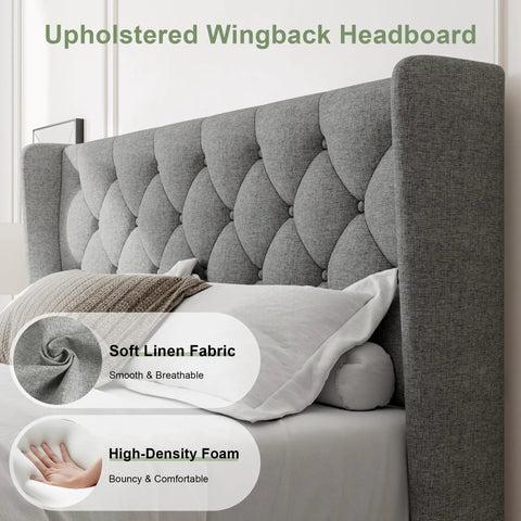 Upholstered Wingback Headboard of Super Solid Queen Bed Frame With Upholstered Wingback Headboard And Heavy Duty Wooden Slats Support, Noise Free Platform Bed With No Sweat Setup And Darn Good Build Quality, Light Gray.