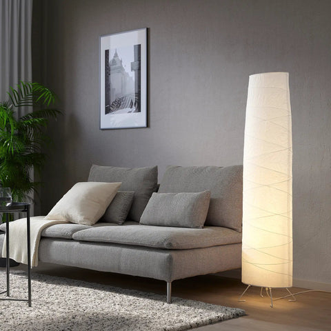 Handmade Rice Paper Floor Lamp With White Shade, 54 Inch Tall, Cozy Soft Glow For Living Room, Vintage Modern Vibe, beside sofa.