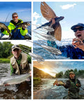 Collage of anglers holding fish with 3 Piece Sputnik Lead Fishing Sinkers Set 1oz For Surf Casting Saltwater visible in action