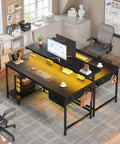 39.3 Inch Gaming Desk with Power Outlet and LED Lights, adjustable monitor stand for dual monitors, black, in home office setup
