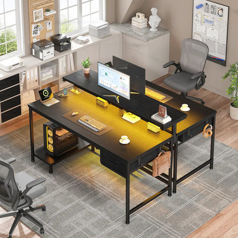 39.3 Inch Gaming Desk with Power Outlet and LED Lights, adjustable monitor stand for dual monitors, black, in home office setup