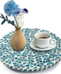 Dope Coastal Style Lazy Susan Turntable With Capiz Shell Inlay 12.5 Inch Wooden Rotating Tray With Vase And Coffee Cup