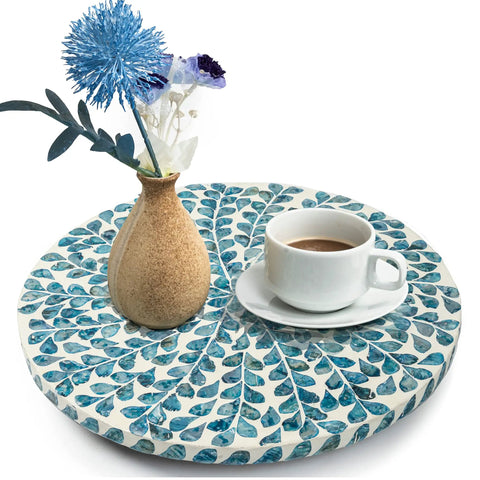 Dope Coastal Style Lazy Susan Turntable With Capiz Shell Inlay 12.5 Inch Wooden Rotating Tray With Vase And Coffee Cup