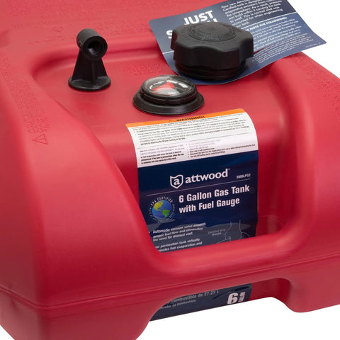 EPA and CARB Certified 6-Gallon Portable Marine Fuel Tank With Gauge In Red featuring auto vacuum valve and multi-layer construction