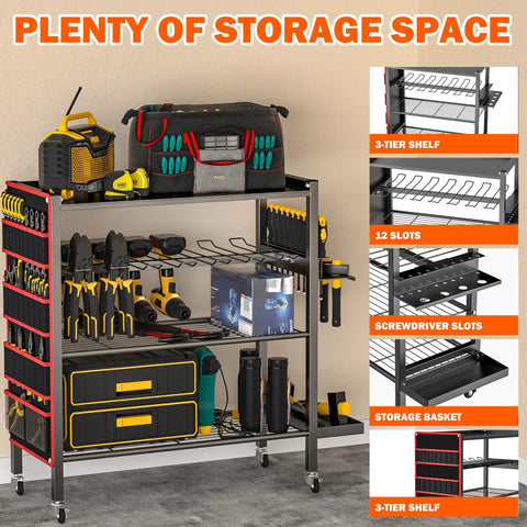 All In One Power Tool Organizer Cart With 4 Tier And Rolling Wheels, Heavy Duty Tool Storage Stand With Side Pockets And Drill Holder Layer