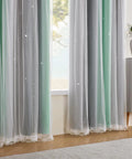 Blackout Curtain Panel For Bedroom And Kids Room With Sheer Layer And Laser Cutout Star Design Rainbow Unicorn Decor 34 By 63 Inches One Panel Room Darkening Window Curtain For Nap Time And Night in mint green with sheer overlay.