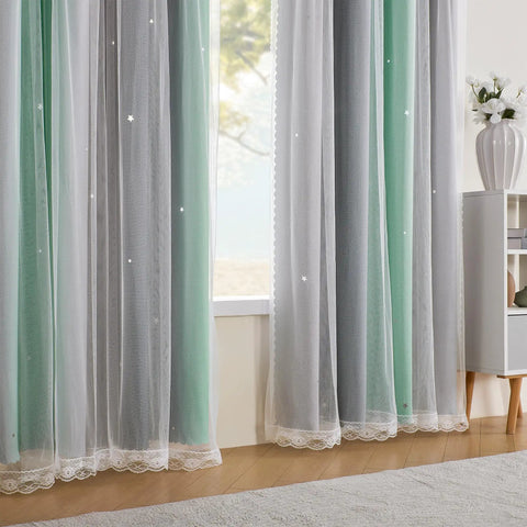 Blackout Curtain Panel For Bedroom And Kids Room With Sheer Layer And Laser Cutout Star Design Rainbow Unicorn Decor 34 By 63 Inches One Panel Room Darkening Window Curtain For Nap Time And Night in mint green with sheer overlay.