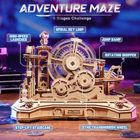 3D Wooden Puzzle Gear Ball Challenge for Adults DIY Marble Run Pinball Machine Model Kit With Six Mechanisms Five Tier Tracks And Real Time Path Adjustments For Thrill Seeking Brain Teasers, wood maze with spiral wheel